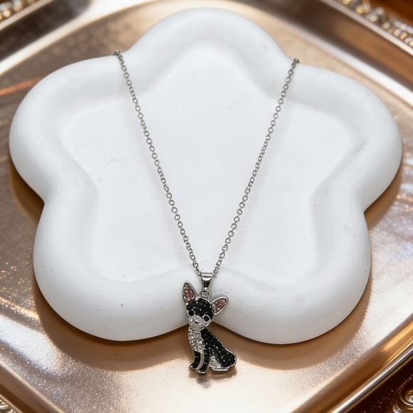 Black & White Chihuahua Rhinestone Pendant Necklace - Picture 3 of 6
